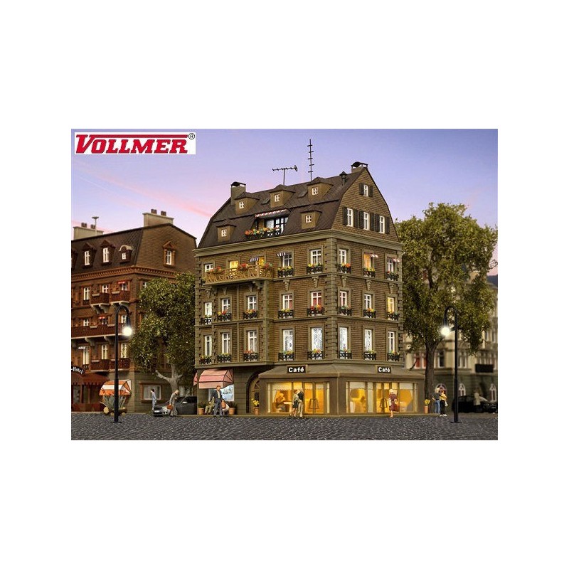 Edificio con cafeteria e interiores detallados con LED 43783 Vollmer Escala H0