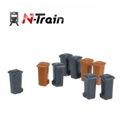 9 contenedores de reciclaje de 100 litros marrones y grises 212.57 N-TRAIN Escala N