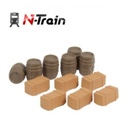 Set de 6 barricas y 6 cajas de madera 212.42 N-TRAIN Escala N