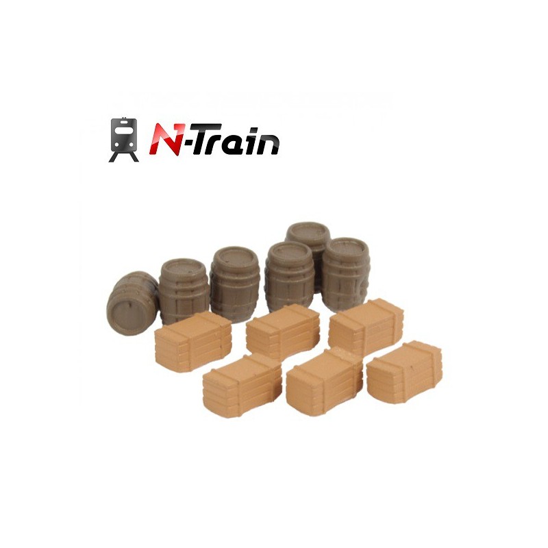 Set de 6 barricas y 6 cajas de madera 212.42 N-TRAIN Escala N