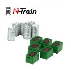 Set de 6 barriles de cerveza y 6 cajas verdes con botellas marrones 212.45 N-TRAIN Escala N