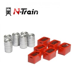 Set de 6 barriles de cerveza y 6 cajas rojas con botellas marrones 212.43 N-TRAIN Escala N