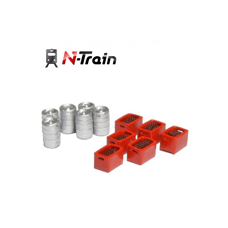 Set de 6 barriles de cerveza y 6 cajas rojas con botellas marrones 212.43 N-TRAIN Escala N