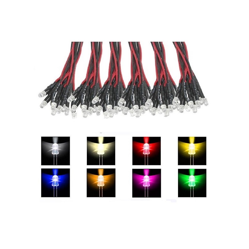 LED 3mm Blanco con cable y resistencia instalada F070 MDT Models