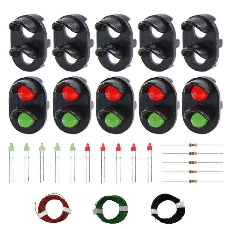 Lote 5 carcasas semáforos 2 asp. con LEDs rojo/verde y cables WC081 MDT Models Escala N