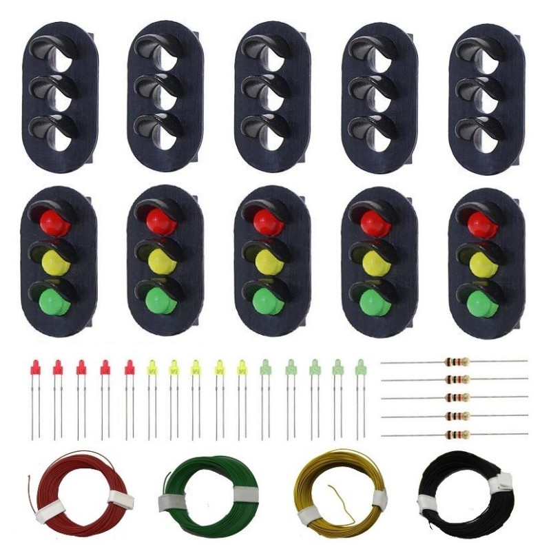 Lote 5 carcasas semáforos 3 asp. con LEDs rojo/verde/ambar y cables WC083 MDT Models Escala H0