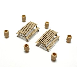 6 papeleras de madera y 2 mesas con bancos picnic 211024 N-Train Escala N
