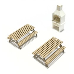 Barbacoa de jardín con 2 mesas y bancos picnic 221022 87Train Escala H0.