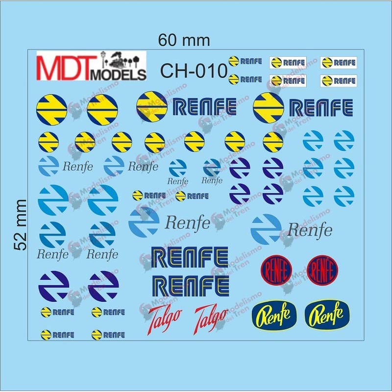 60 calcas de logotipos RENFE y Talgo CH0-010 MDT Models Escala H0