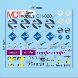 46 calcas de logotipos RENFE, GL, Largo Recorrido y FEVE CH0-020 MDT Models Escala H0
