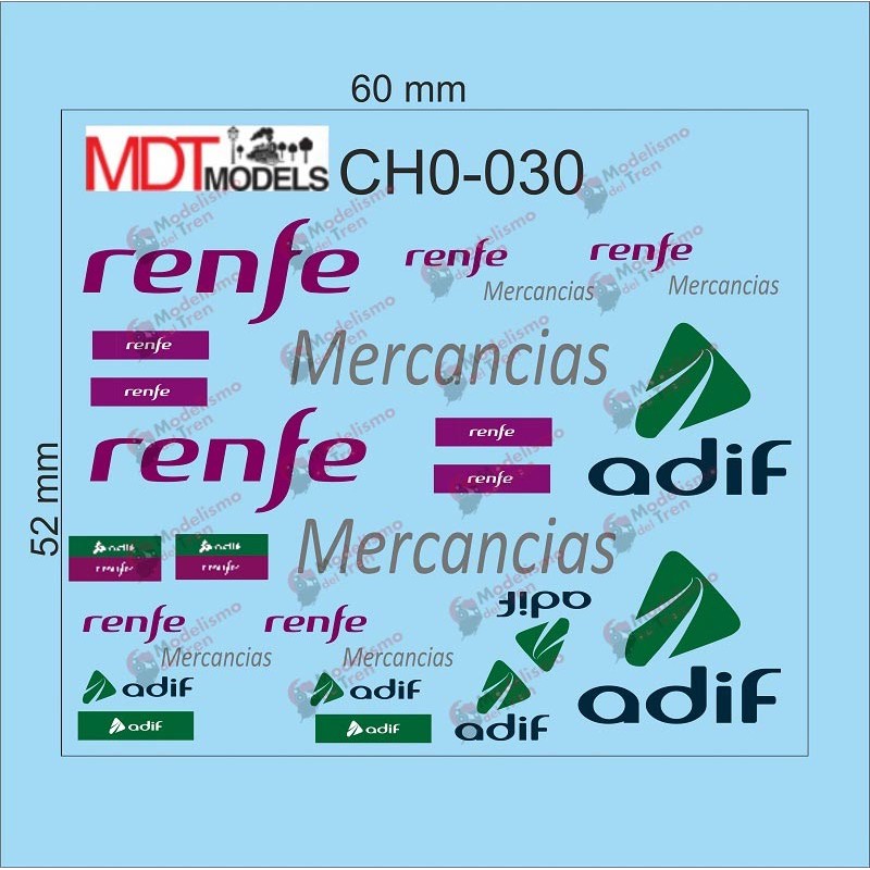 30 calcas de logotipos RENFE, AVE y Adif CH0-030 MDT Models Escala H0