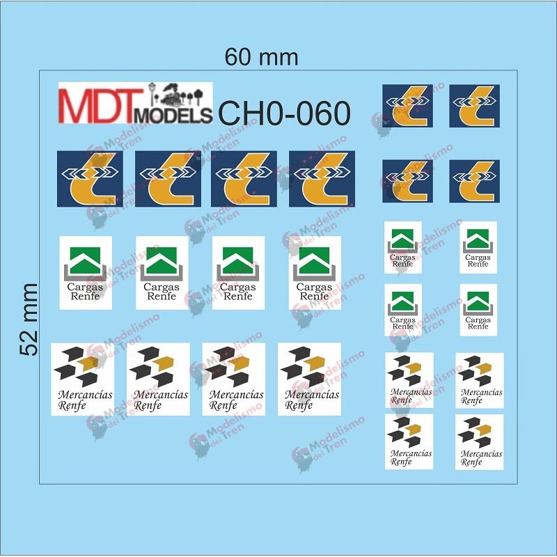 24 calcas de logotipos Cargas RENFE, Mercancías RENFE y Transporte Combinado CH0-060 MDT Models Escala H0