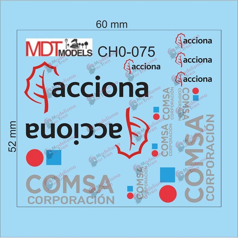 16 calcas de logotipos Comsa y Acciona CH0-075 MDT Models Escala H0