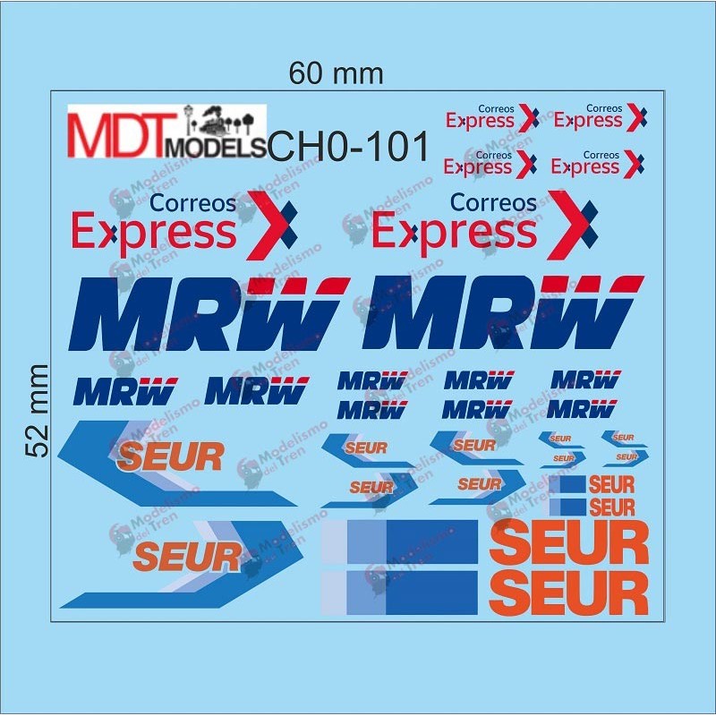32 calcas de logotipos MRW, SEUR y Correos Express CH0-101 MDT Models Escala H0