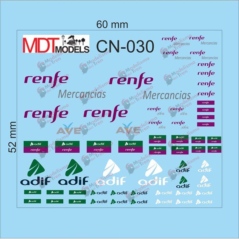 80 calcas de logotipos RENFE, AVE y Adif CN-030 MDT Models Escala N