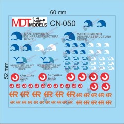 90 calcas de logotipos Cercanías Renfe, Regionales y Mantenimiento Infraestructura CN-050 MDT Models Escala N