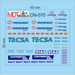 57 calcas de logotipos Transfesa, Tecsa, Continental Rail, Vías y Macosa CN-070 MDT Models Escala N