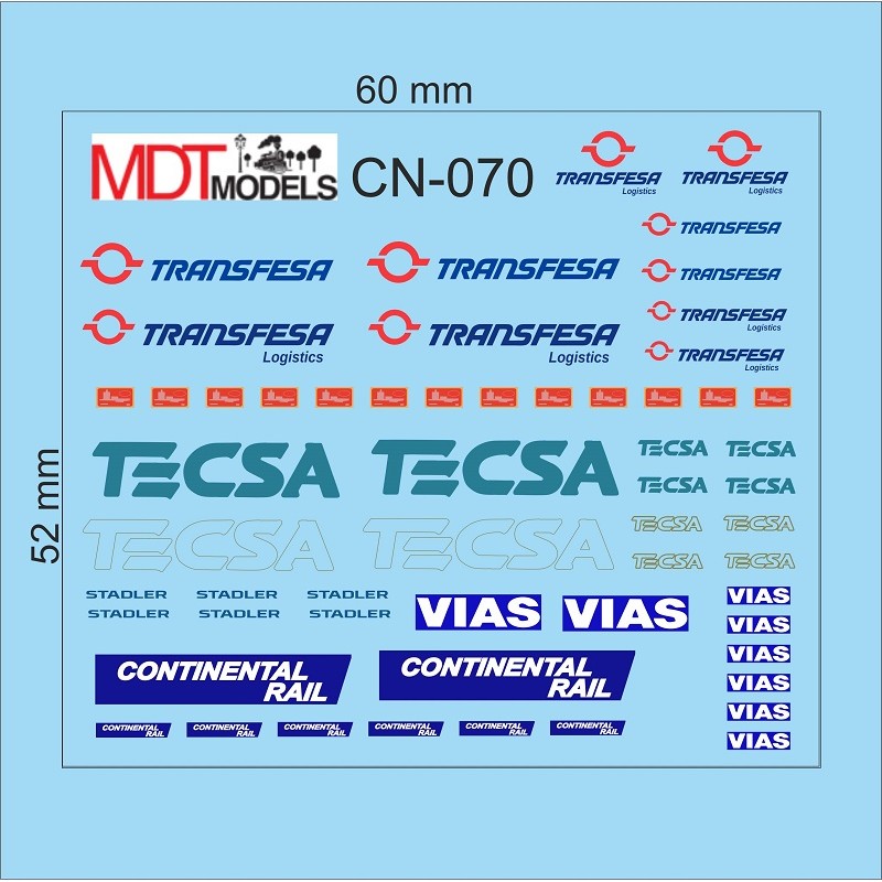 57 calcas de logotipos Transfesa, Tecsa, Continental Rail, Vías y Macosa CN-070 MDT Models Escala N