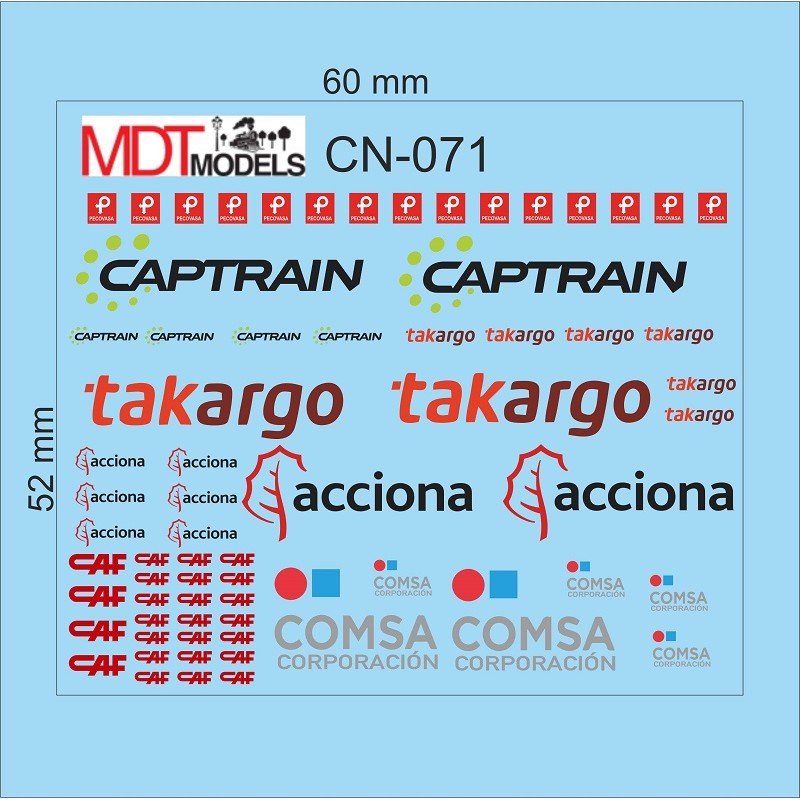 70 calcas de logotipos Captrain, Takargo, CAF, Acciona, Comsa y Pecovasa CN-071 MDT Models Escala N