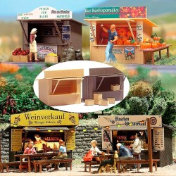 2 pequeños stands o puestos de mercado con decoraciones 1055 Busch Escala H0