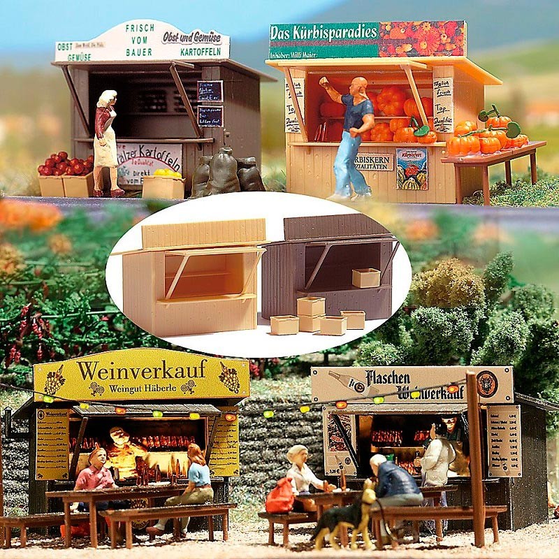 2 pequeños stands o puestos de mercado con decoraciones 1055 Busch Escala H0