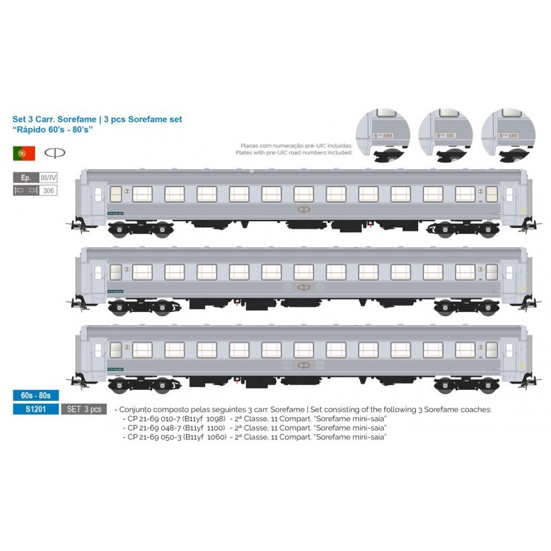 Set 3 coches Sorefame Rapido CP S1201 Sudexpress Escala H0