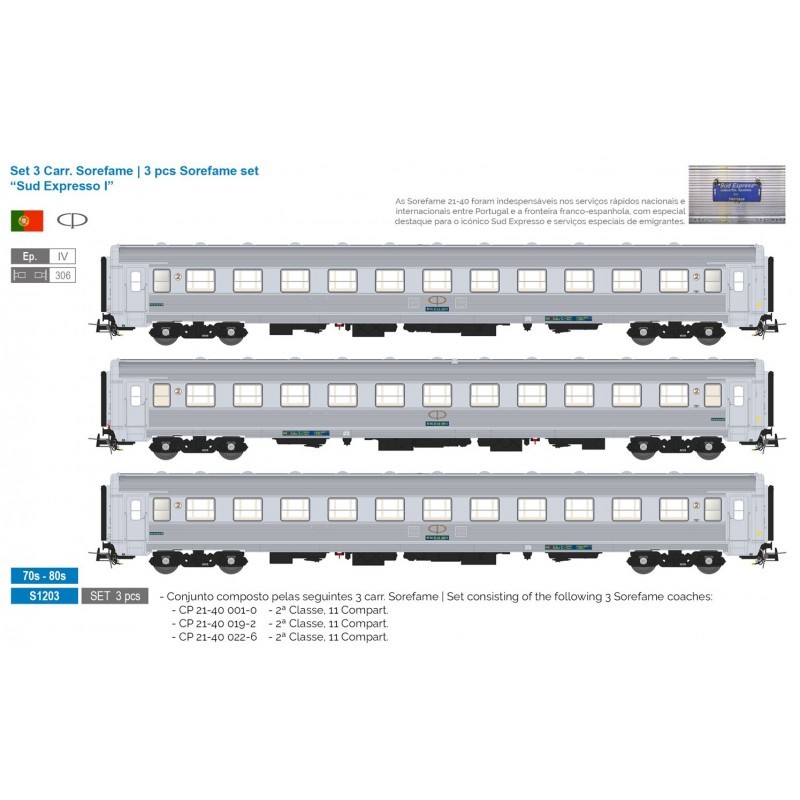 Set 3 coches Sorefame Sud Expresso CP S1203 Sudexpress Escala H0