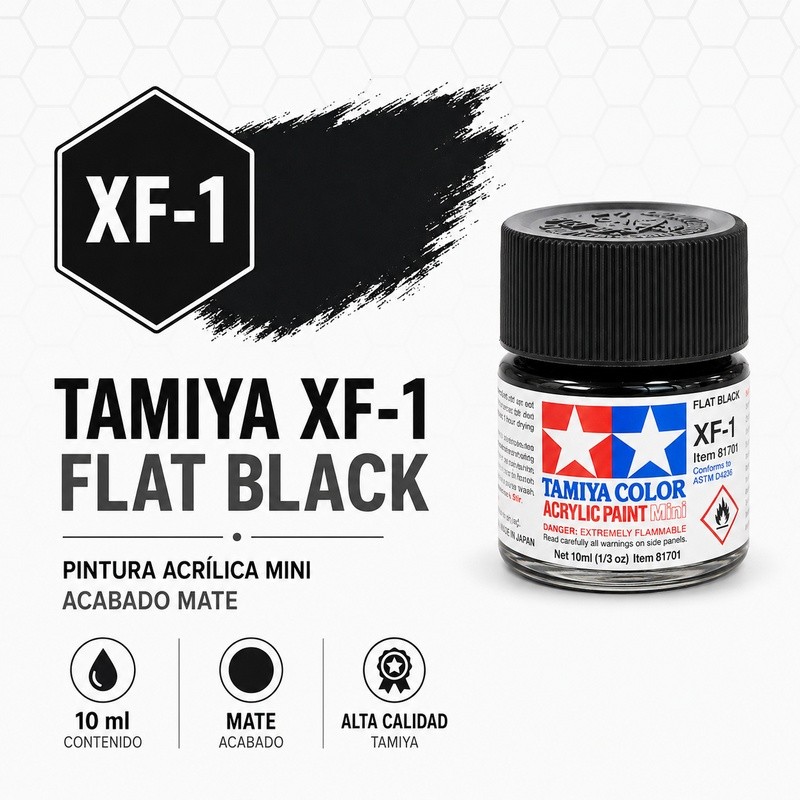 Bote de pintura acrílica mate Tamiya XF-1 Negro de 10 ml para modelismo ferroviario